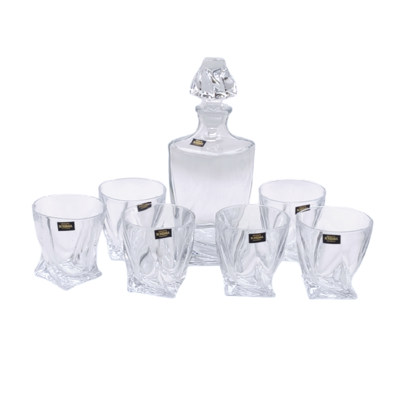 BOTELLON de CRISTAL PLOMO mod. QUADRO + 6 VASOS CRISTAL BOHEMIA