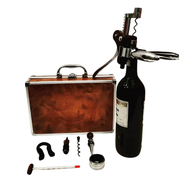 Set x7 ACCESORIOS para VINO en CAJA de MADERA 